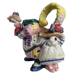 Fitz and Floyd 1995 Bunny Teapot No Lid Spring Floral Ceramic 44 oz